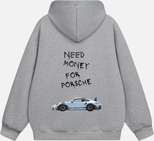 Unisex Need Money 4 Porsche Baskılı Kapüşonlu Polarlı Oversize Sweatshirt Gri M