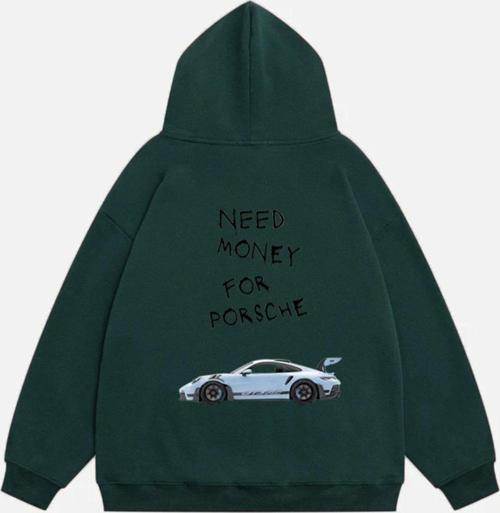Unisex Need Money 4 Porsche Baskılı Kapüşonlu Polarlı Oversize Sweatshirt Koyu Yeşil 2XL