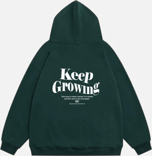 Unisex Keep Growing Baskılı Kapüşonlu Polarlı Oversize Sweatshirt Koyu Yeşil 2XL