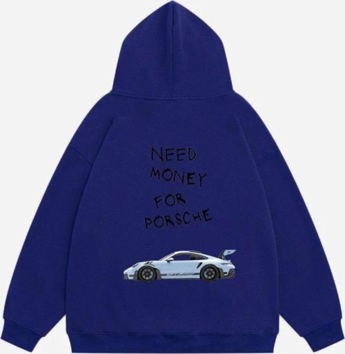 Unisex Need Money 4 Porsche Baskılı Kapüşonlu Polarlı Oversize Sweatshirt Saks 2XL