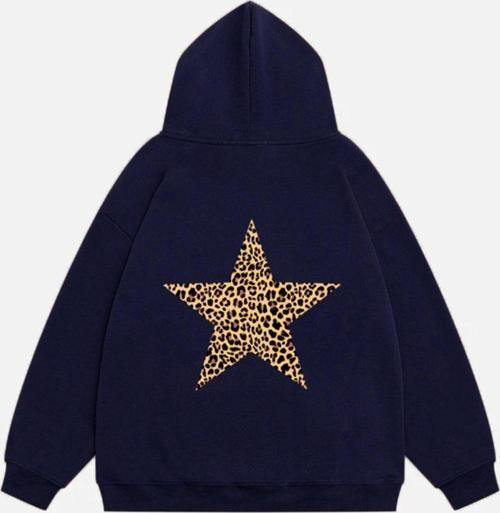 Kadın Star Leopard Baskılı Kapüşonlu Polarlı Oversize Sweatshirt Lacivert 2XL