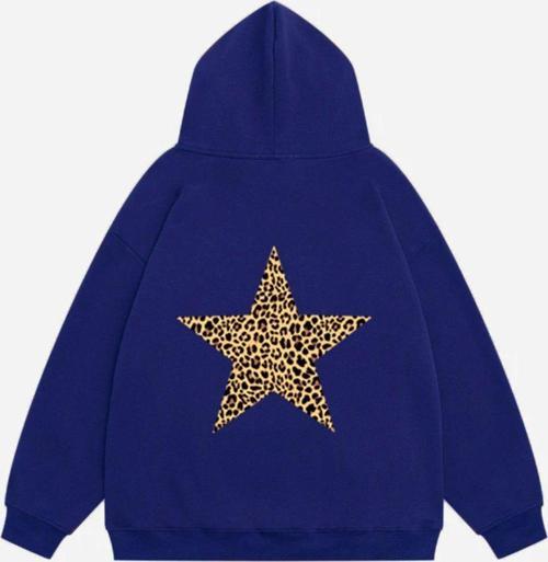Kadın Star Leopard Baskılı Kapüşonlu Polarlı Oversize Sweatshirt Mavi 2XL