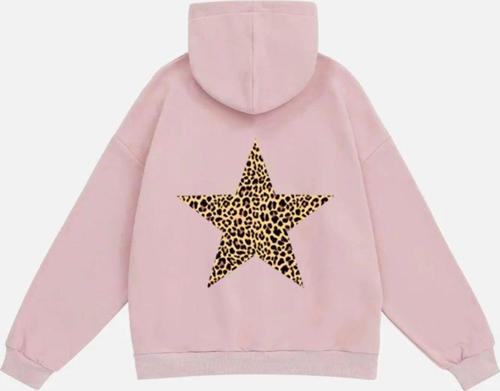 Kadın Star Leopard Baskılı Kapüşonlu Polarlı Oversize Sweatshirt Pembe 2XL