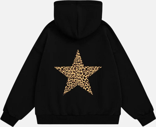 Kadın Star Leopard Baskılı Kapüşonlu Polarlı Oversize Sweatshirt Siyah 2XL
