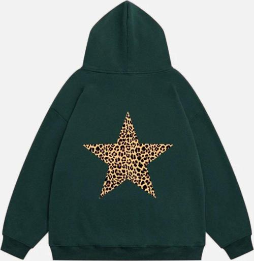 Kadın Star Leopard Baskılı Kapüşonlu Polarlı Oversize Sweatshirt Yeşil 2XL