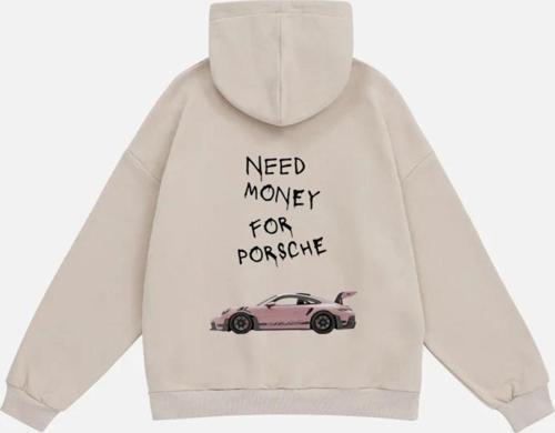 Unisex Need Money For Porsche Baskılı Kapüşonlu Polarlı Oversize Sweatshirt Bej 2XL