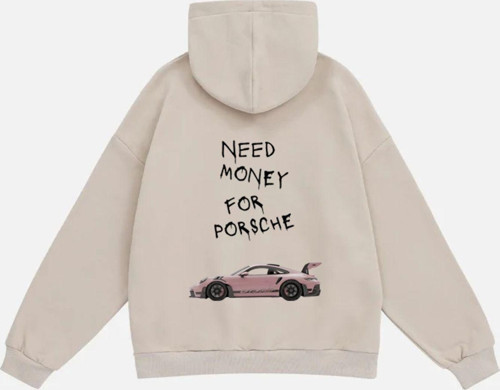 Unisex Need Money For Porsche Baskılı Kapüşonlu Polarlı Oversize Sweatshirt Bej L