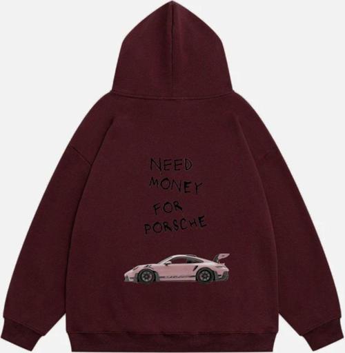 Unisex Need Money For Porsche Baskılı Kapüşonlu Polarlı Oversize Sweatshirt Bordo 2XL