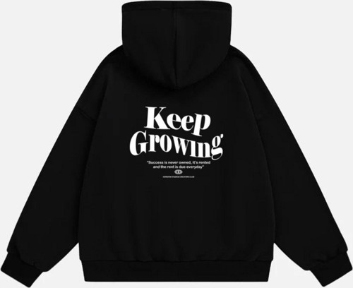 Unisex Keep Growing Baskılı Kapüşonlu Polarlı Oversize Sweatshirt Siyah M