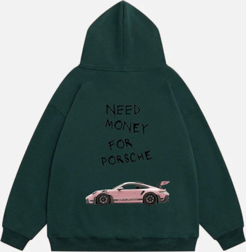Unisex Need Money For Porsche Baskılı Kapüşonlu Polarlı Oversize Sweatshirt Koyu Yeşil S