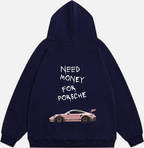 Unisex Need Money For Porsche Baskılı Kapüşonlu Polarlı Oversize Sweatshirt Lacivert S