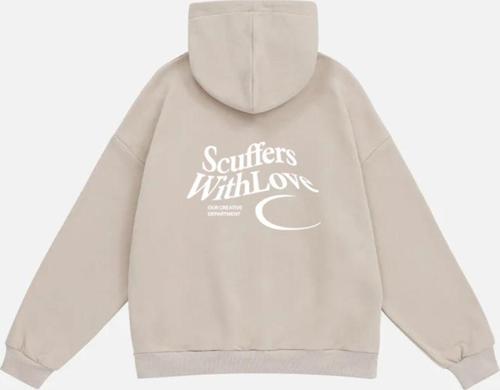 Unisex Scuffers With Love Baskılı Kapüşonlu Polarlı Oversize Sweatshirt Bej 2XL