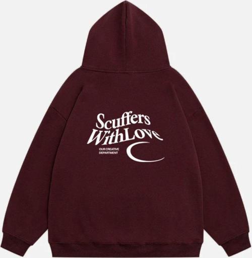Unisex Scuffers With Love Baskılı Kapüşonlu Polarlı Oversize Sweatshirt Bordo 2XL