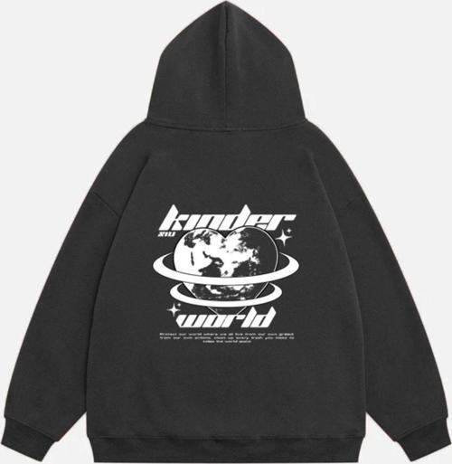 Unisex Kinder World Baskılı Kapüşonlu Polarlı Oversize Sweatshirt Füme 2XL