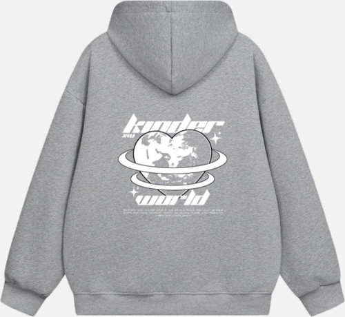 Unisex Kinder World Baskılı Kapüşonlu Polarlı Oversize Sweatshirt Gri XL
