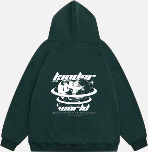Unisex Kinder World Baskılı Kapüşonlu Polarlı Oversize Sweatshirt Koyu Yeşil 2XL