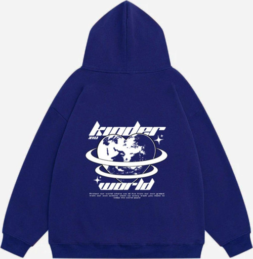 Unisex Kinder World Baskılı Kapüşonlu Polarlı Oversize Sweatshirt Saks S