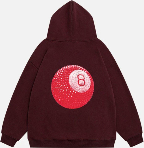 Unisex Red 8 Ball Baskılı Kapüşonlu Polarlı Oversize Sweatshirt Bordo L