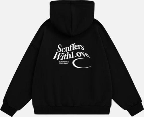 Unisex Scuffers With Love Baskılı Kapüşonlu Polarlı Oversize Sweatshirt Siyah 2XL