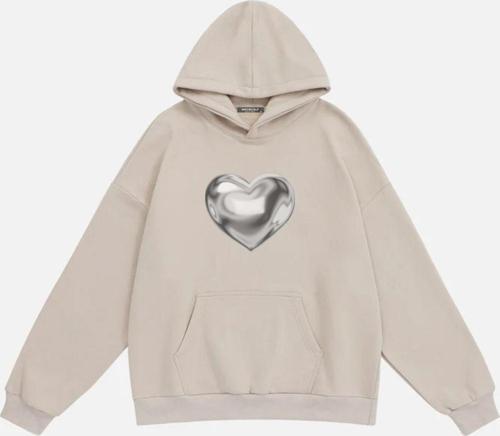 Unisex Silver Chrome Heart Baskılı Kapüşonlu Polarlı Oversize Sweatshirt Bej 2XL