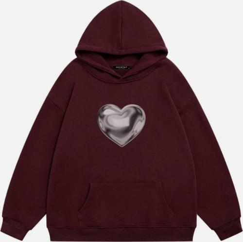Unisex Silver Chrome Heart Baskılı Kapüşonlu Polarlı Oversize Sweatshirt Bordo 2XL