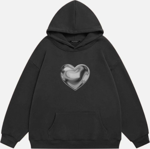 Unisex Silver Chrome Heart Baskılı Kapüşonlu Polarlı Oversize Sweatshirt Füme M