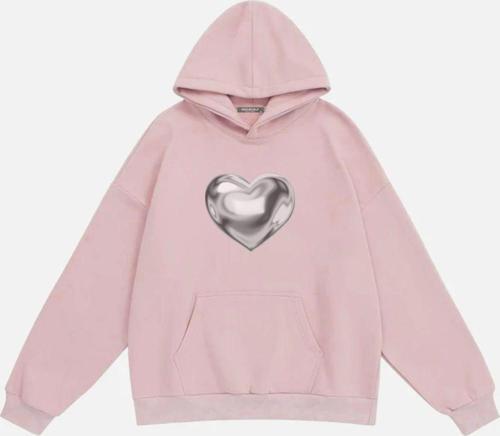 Unisex Silver Chrome Heart Baskılı Kapüşonlu Polarlı Oversize Sweatshirt Pembe 2XL