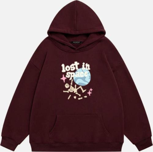 Unisex Lost In Space Baskılı Kapüşonlu Polarlı Oversize Sweatshirt Bordo XL