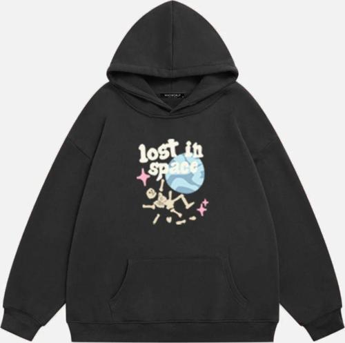 Unisex Lost In Space Baskılı Kapüşonlu Polarlı Oversize Sweatshirt Füme 2XL