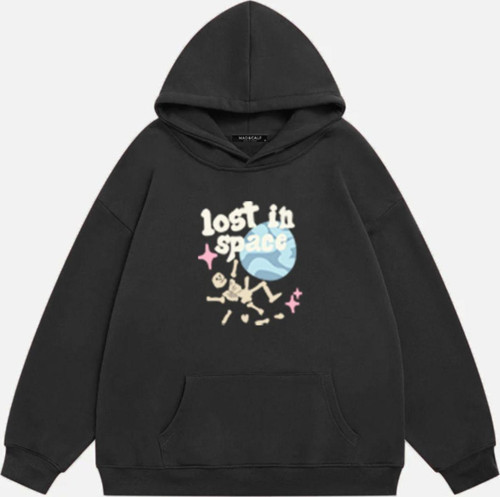 Unisex Lost In Space Baskılı Kapüşonlu Polarlı Oversize Sweatshirt Füme M