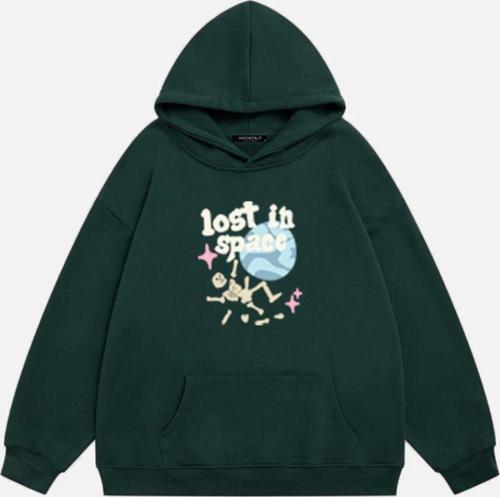 Unisex Lost In Space Baskılı Kapüşonlu Polarlı Oversize Sweatshirt Koyu Yeşil 2XL