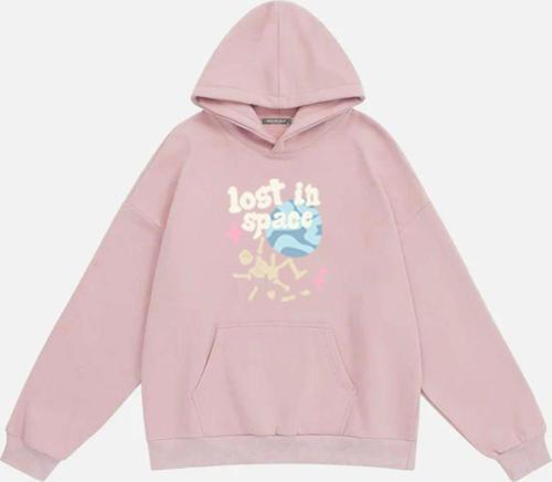 Unisex Lost In Space Baskılı Kapüşonlu Polarlı Oversize Sweatshirt Pembe 2XL