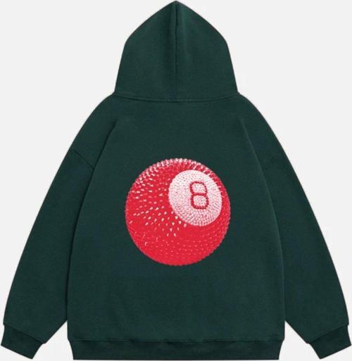 Unisex Red 8 Ball Baskılı Kapüşonlu Polarlı Oversize Sweatshirt Koyu Yeşil 2XL