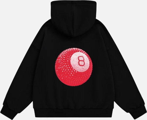 Unisex Red 8 Ball Baskılı Kapüşonlu Polarlı Oversize Sweatshirt Siyah M