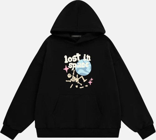 Unisex Lost In Space Baskılı Kapüşonlu Polarlı Oversize Sweatshirt Siyah L