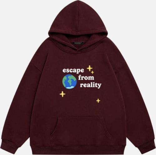 Unisex Scape From Reality Baskılı Kapüşonlu Polarlı Oversize Sweatshirt Bordo XS