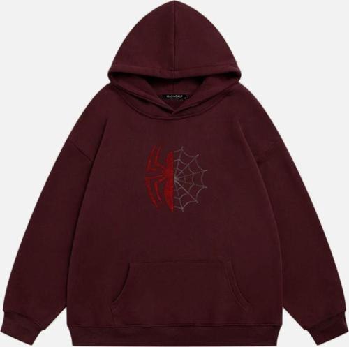 Unisex Spider Taş Baskılı Kapüşonlu Polarlı Oversize Sweatshirt Bordo M