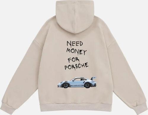 Unisex Need Money 4 Porsche Baskılı Kapüşonlu Polarlı Oversize Sweatshirt Bej L