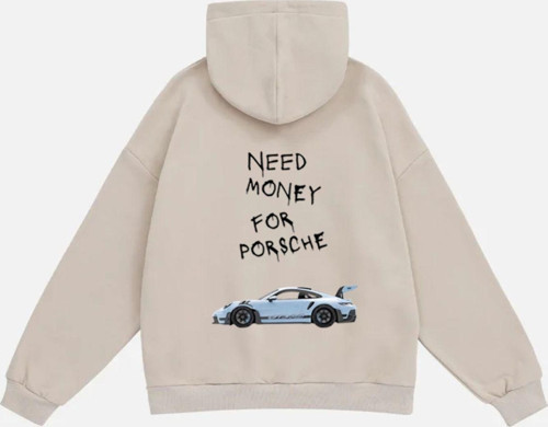 Unisex Need Money 4 Porsche Baskılı Kapüşonlu Polarlı Oversize Sweatshirt Bej XS
