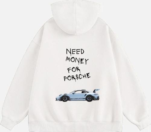 Unisex Need Money 4 Porsche Baskılı Kapüşonlu Polarlı Oversize Sweatshirt Ekru 2XL