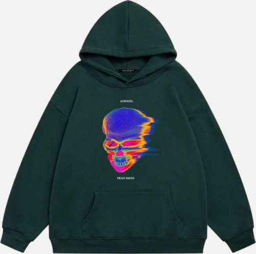 Unisex Tran Smit6 Baskılı Kapüşonlu Polarlı Oversize Sweatshirt Koyu Yeşil S