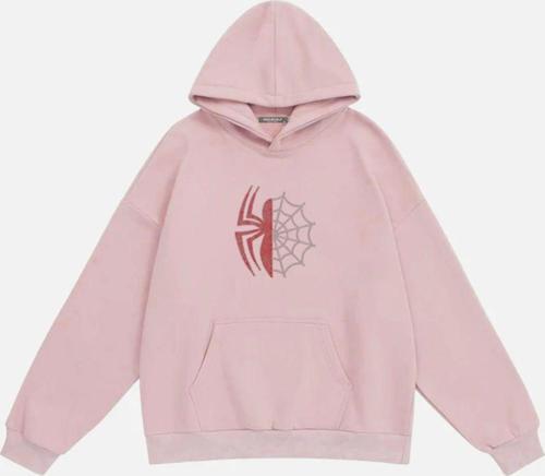 Unisex Spider Taş Baskılı Kapüşonlu Polarlı Oversize Sweatshirt Pembe XL