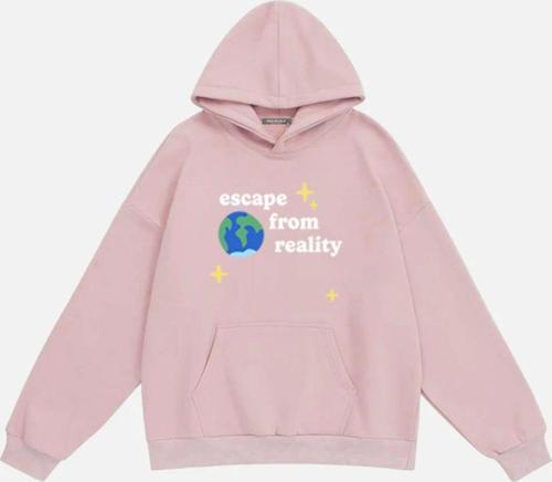 Unisex Scape From Reality Baskılı Kapüşonlu Polarlı Oversize Sweatshirt Pembe 2XL