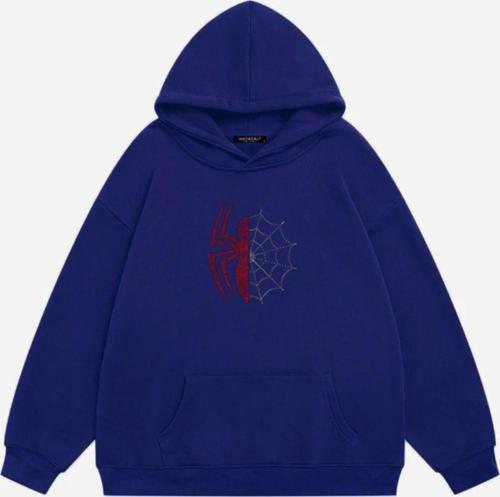 Unisex Spider Taş Baskılı Kapüşonlu Polarlı Oversize Sweatshirt Saks 2XL