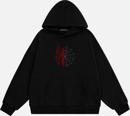 Unisex Spider Taş Baskılı Kapüşonlu Polarlı Oversize Sweatshirt Siyah 2XL