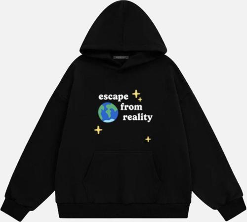 Unisex Scape From Reality Baskılı Kapüşonlu Polarlı Oversize Sweatshirt Siyah 2XL