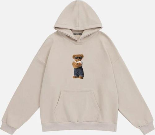 Unisex Teddy Bear Baskılı Kapüşonlu Polarlı Oversize Sweatshirt Bej 2XL