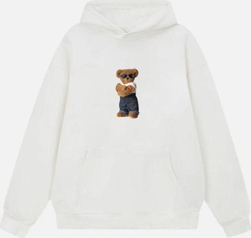Unisex Teddy Bear Baskılı Kapüşonlu Polarlı Oversize Sweatshirt Ekru 2XL