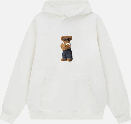 Unisex Teddy Bear Baskılı Kapüşonlu Polarlı Oversize Sweatshirt Ekru M
