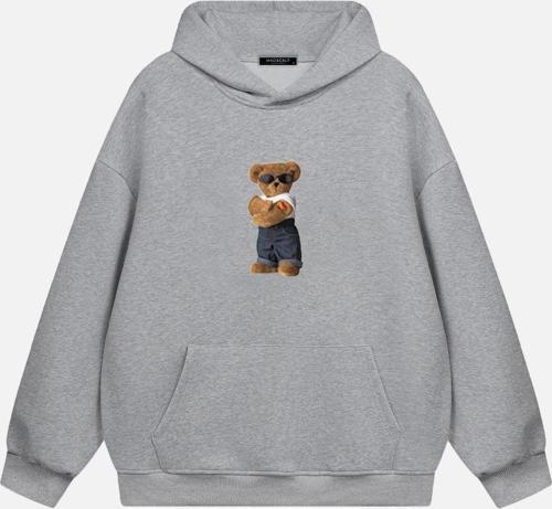 Unisex Teddy Bear Baskılı Kapüşonlu Polarlı Oversize Sweatshirt Gri 2XL